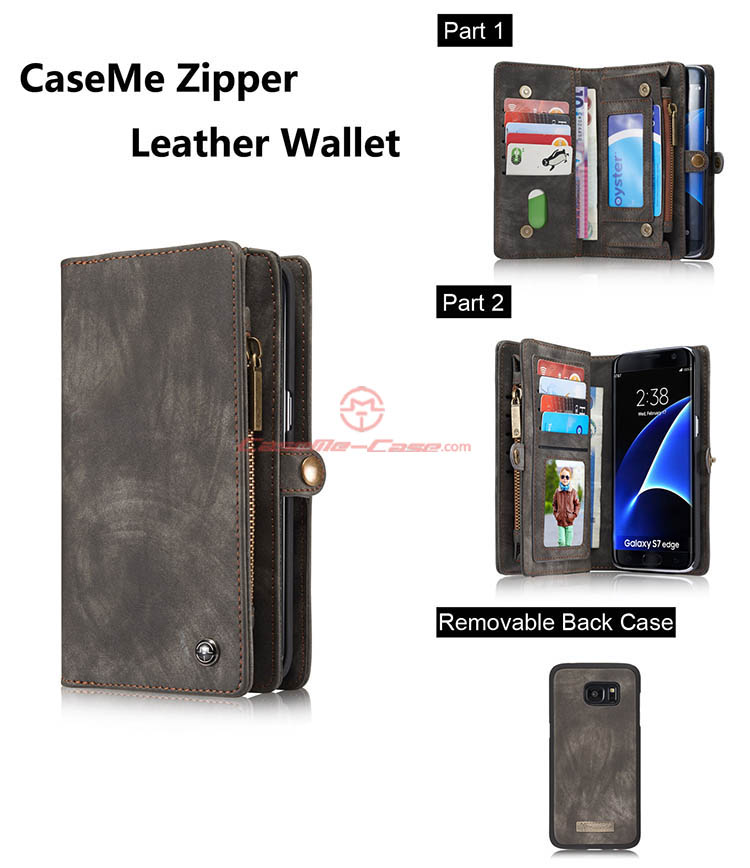 CaseMe Samsung Galaxy S7 Edge Detachable 2 in 1 Zipper Wallet Folio Case Black
