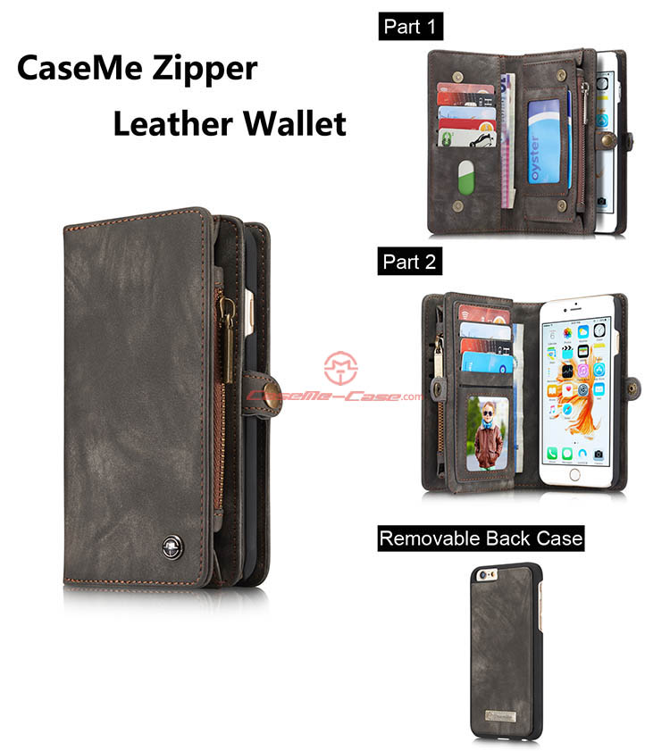 CaseMe iPhone 6 Plus Zipper Wallet Detachable 2 in 1 Folio Case Black