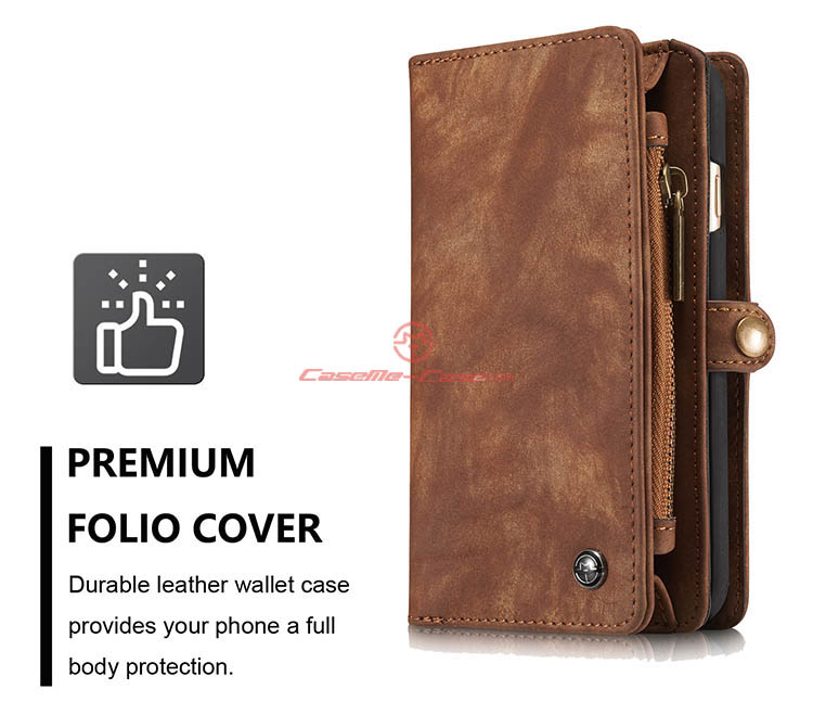 CaseMe iPhone 6 Plus Zipper Wallet Detachable 2 in 1 Folio Case Brown