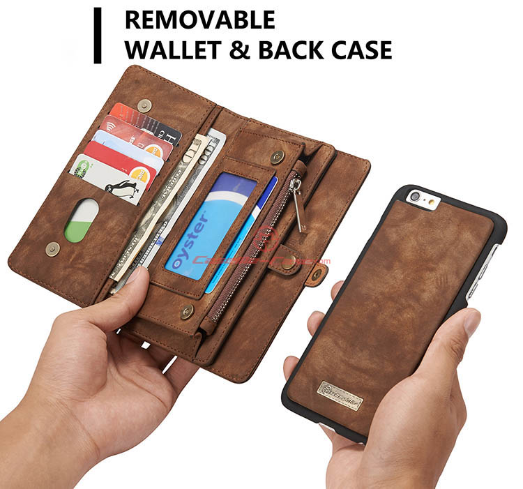 CaseMe iPhone 6 Plus Zipper Wallet Detachable 2 in 1 Folio Case Brown