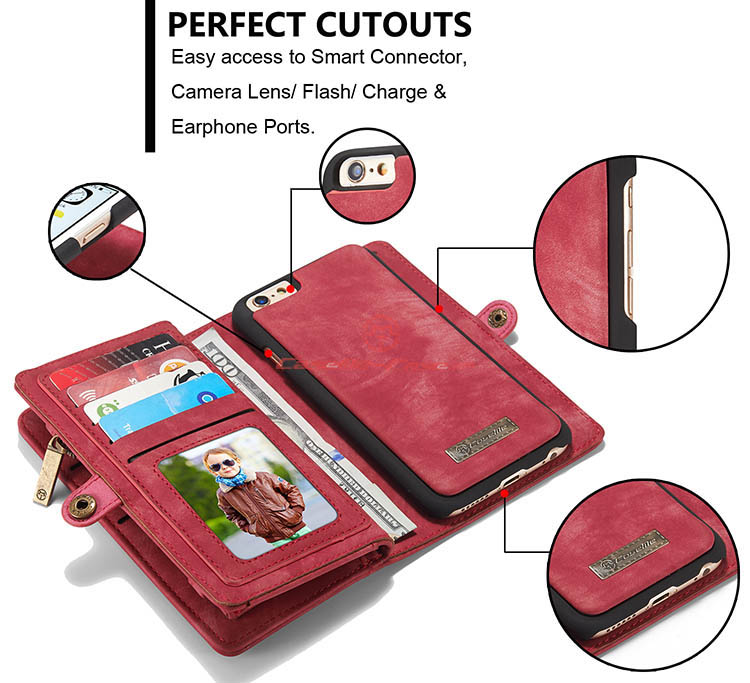 CaseMe iPhone 6 Plus Zipper Wallet Detachable 2 in 1 Folio Case Red