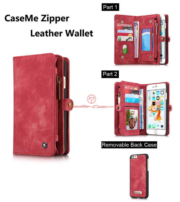 CaseMe iPhone 6S Plus Zipper Wallet Detachable 2 in 1 Folio Case Red