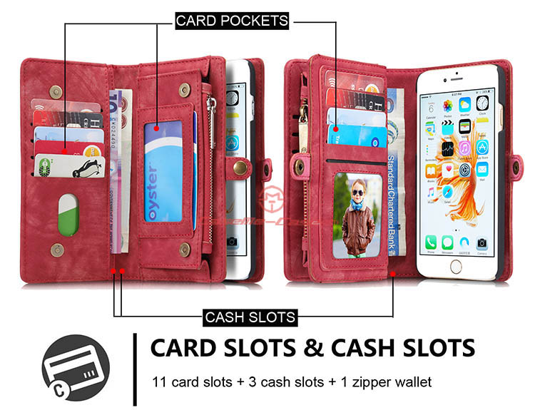 CaseMe iPhone 6S Plus Zipper Wallet Detachable 2 in 1 Folio Case Red