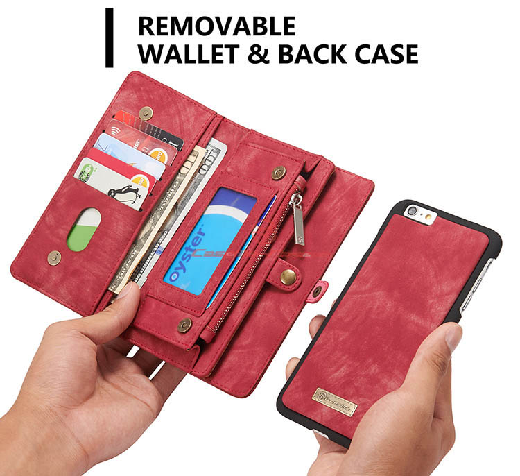 CaseMe iPhone 6S Plus Zipper Wallet Detachable 2 in 1 Folio Case Red