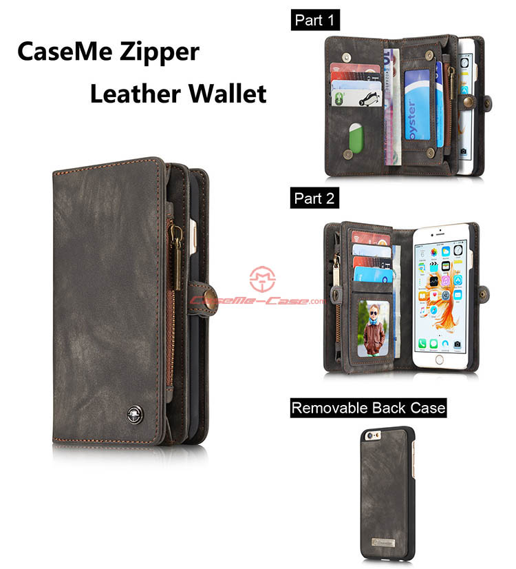 CaseMe iPhone 6 Zipper Wallet Detachable 2 in 1 Folio Case Black