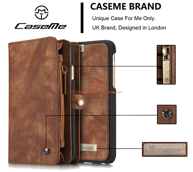 CaseMe iPhone 6S Zipper Wallet Detachable 2 in 1 Folio Case Brown