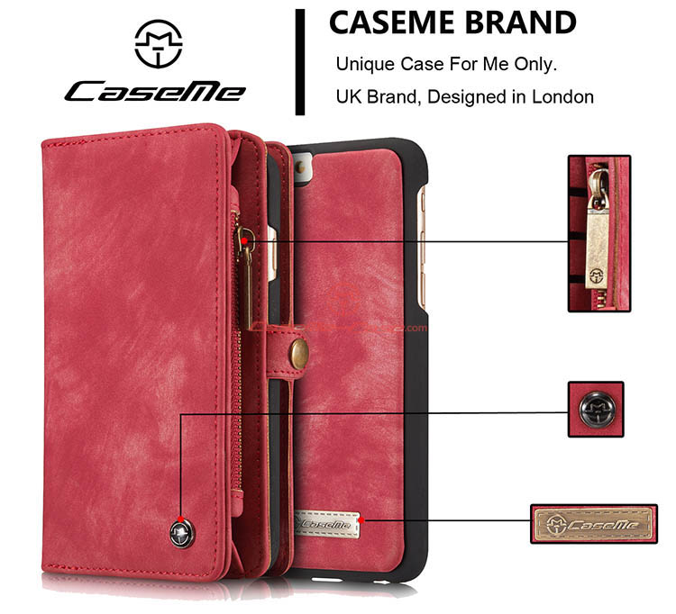 CaseMe iPhone 6S Zipper Wallet Detachable 2 in 1 Folio Case Red