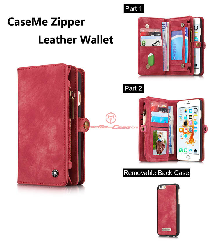 CaseMe iPhone 6S Zipper Wallet Detachable 2 in 1 Folio Case Red