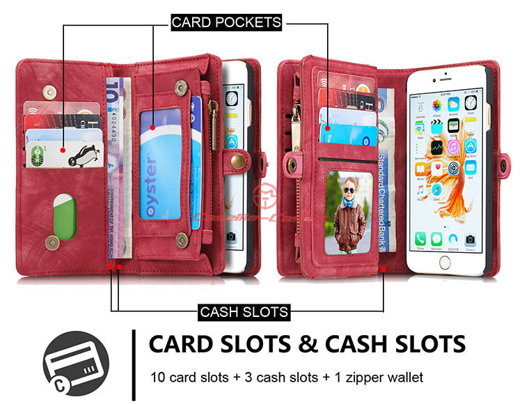 CaseMe iPhone 6S Zipper Wallet Detachable 2 in 1 Folio Case Red