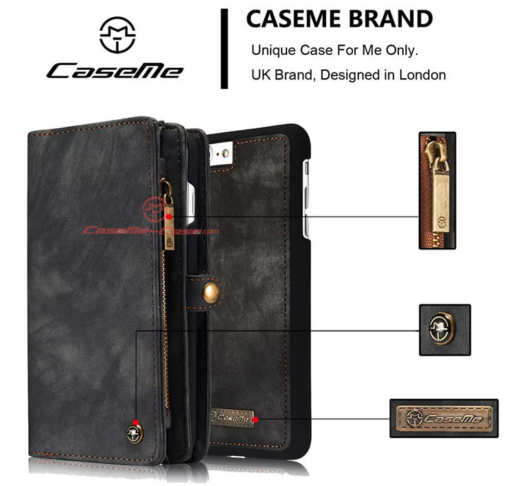 CaseMe iPhone 8 Plus Zipper Wallet Detachable 2 in 1 Folio Case Black