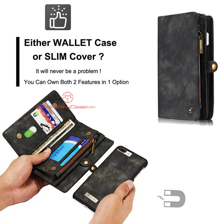 CaseMe iPhone 8 Plus Zipper Wallet Detachable 2 in 1 Folio Case Black