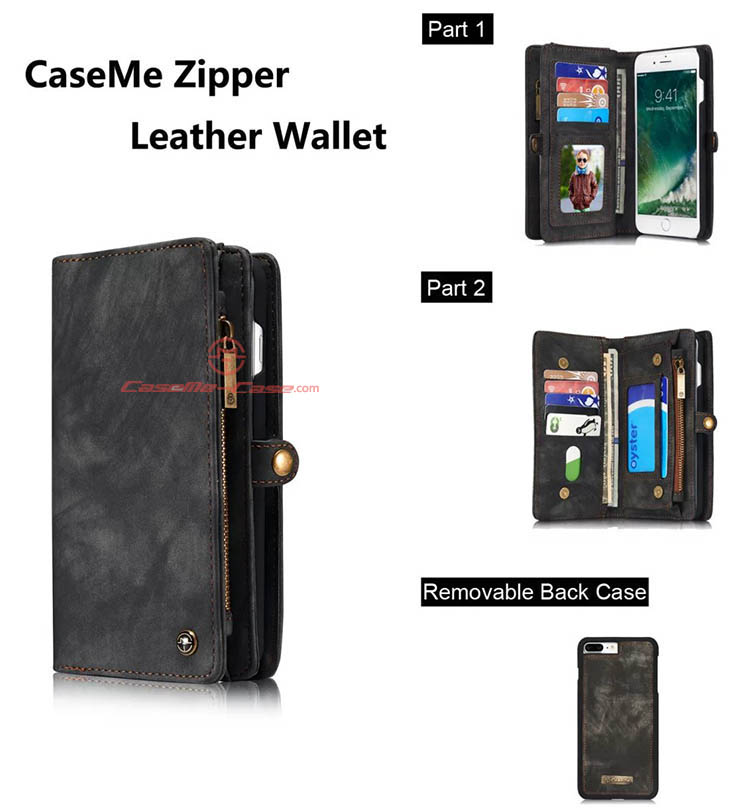 CaseMe iPhone 8 Plus Detachable 2 in 1 Zipper Wallet Folio Case