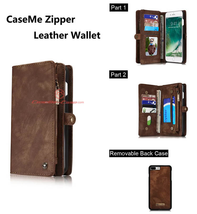 CaseMe iPhone 8 Plus Detachable 2 in 1 Zipper Wallet Folio Case