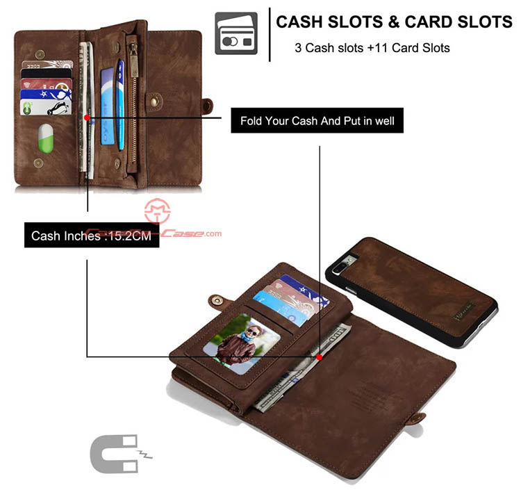 CaseMe iPhone 8 Plus Zipper Wallet Detachable 2 in 1 Folio Case Brown