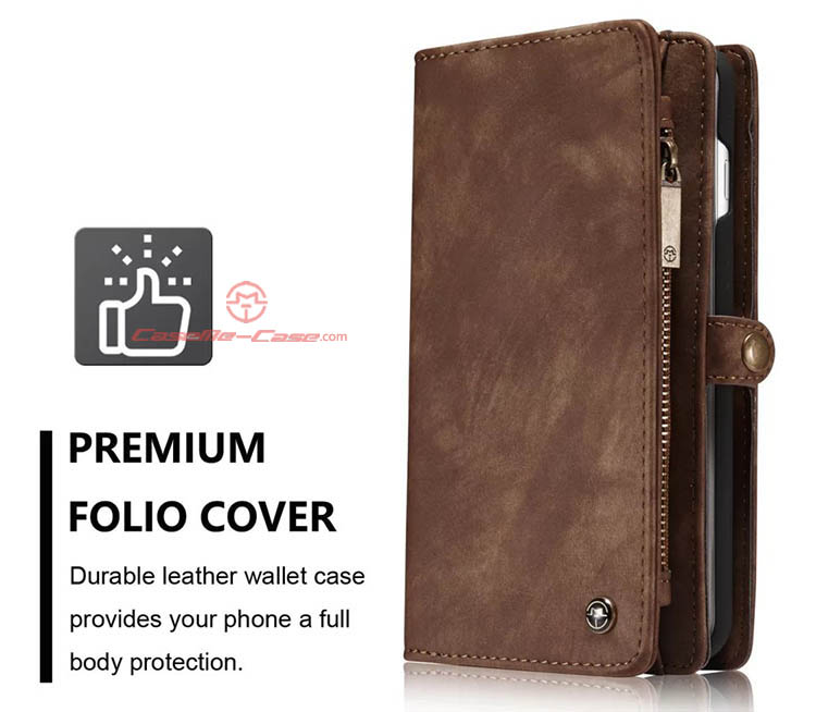 CaseMe iPhone 8 Plus Zipper Wallet Detachable 2 in 1 Folio Case Brown