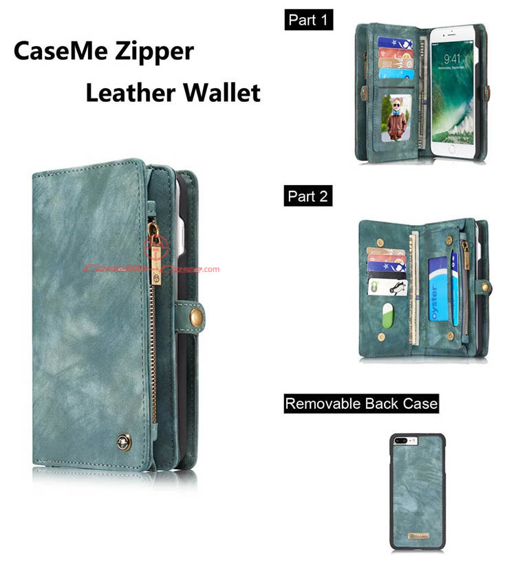 CaseMe iPhone 8 Plus Zipper Wallet Detachable 2 in 1 Folio Case Green