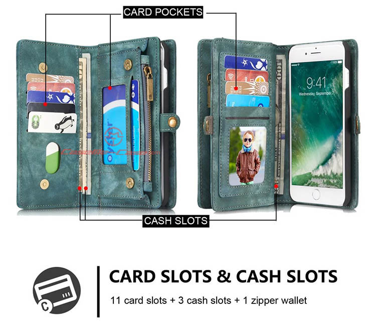 CaseMe iPhone 7 Plus Zipper Wallet Detachable 2 in 1 Folio Case Green