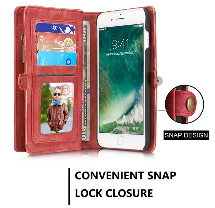 CaseMe iPhone 7 Plus Zipper Wallet Detachable 2 in 1 Folio Case Red