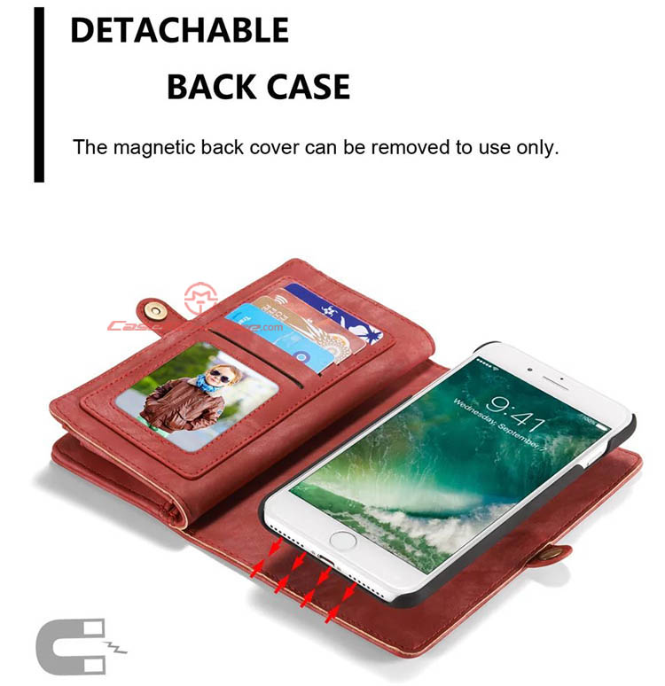 CaseMe iPhone 8 Plus Zipper Wallet Detachable 2 in 1 Folio Case Red