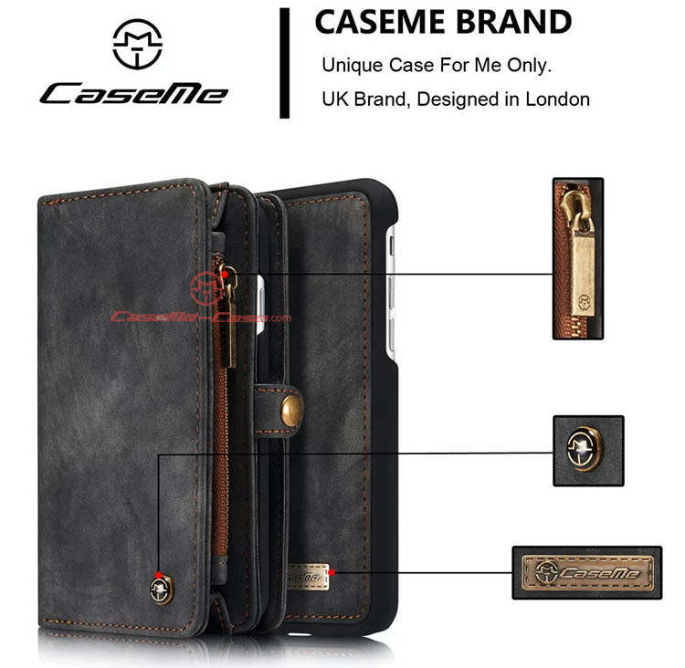 CaseMe iPhone 8 Zipper Wallet Detachable 2 in 1 Folio Case Black