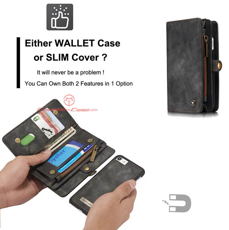 CaseMe iPhone 7 Zipper Wallet Detachable 2 in 1 Folio Case Black