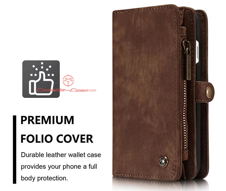 CaseMe iPhone 7 Zipper Wallet Detachable 2 in 1 Folio Case Brown