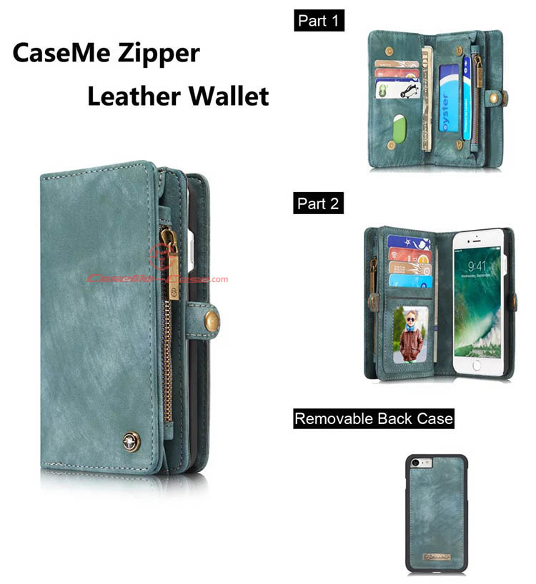 CaseMe iPhone 8 Zipper Wallet Detachable 2 in 1 Folio Case Green