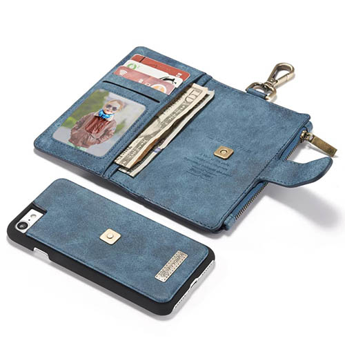 CaseMe iPhone 8 Metal Buckle Zipper Wallet Detachable 2 in 1 Case Blue