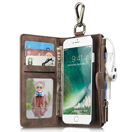 CaseMe iPhone 7 Metal Buckle Zipper Wallet Detachable Folio Case Coffee