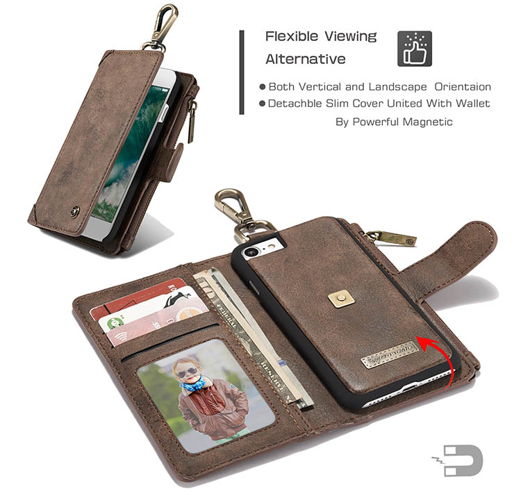 CaseMe iPhone 7 Metal Buckle Zipper Wallet Detachable Folio Case Coffee