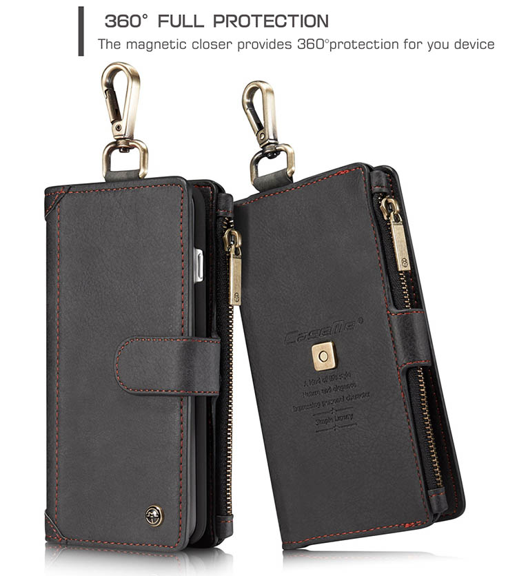 CaseMe iPhone 7 Plus Metal Buckle Zipper Wallet Detachable Folio Case Black