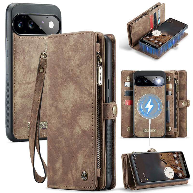 CaseMe Google Pixel 11/Pixel 11 Pro 2-in-1 Magnetic RFID Wallet Case with Wrist Strap Coffee