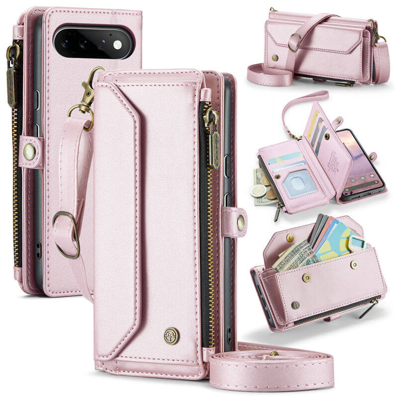CaseMe Google Pixel 11/Pixel 11 Pro RFID Wallet Case with Crossbody Strap, Zipper Pocket & Wireless Charging Pink