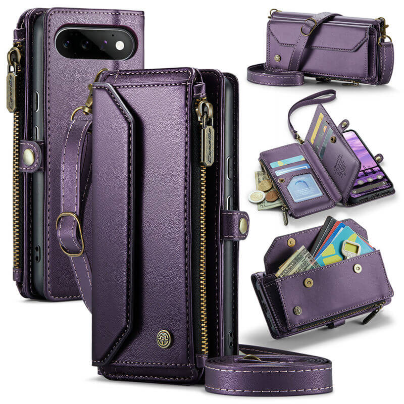 CaseMe Google Pixel 11/Pixel 11 Pro RFID Wallet Case with Crossbody Strap, Zipper Pocket & Wireless Charging Purple