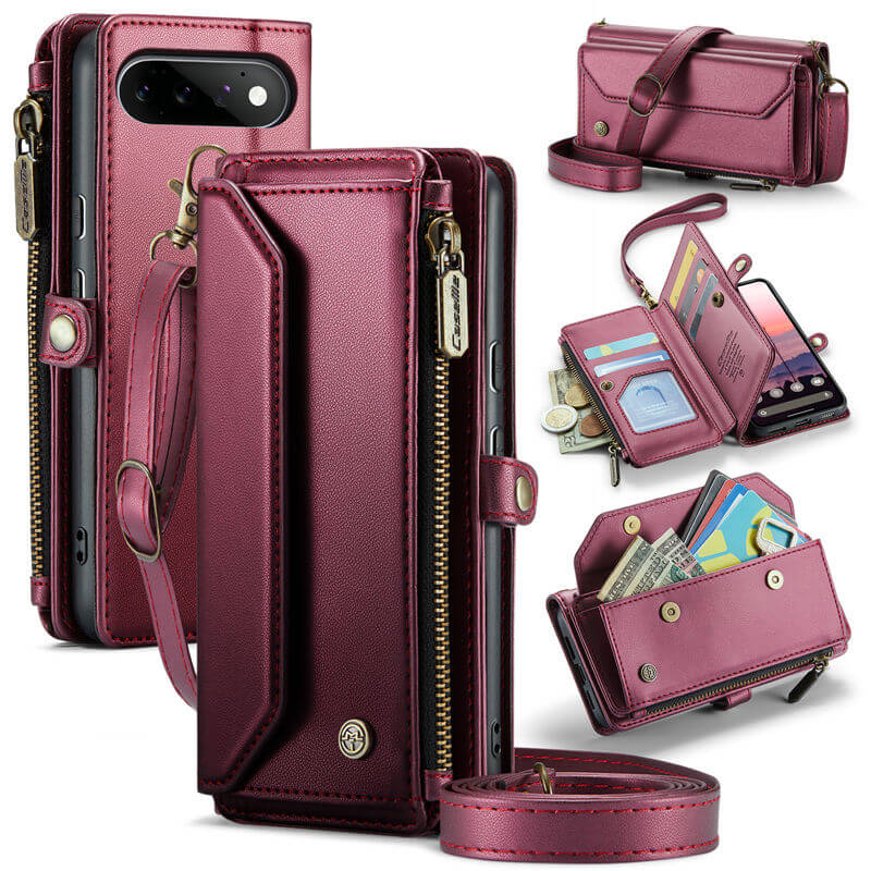 CaseMe Google Pixel 11/Pixel 11 Pro RFID Wallet Case with Crossbody Strap, Zipper Pocket & Wireless Charging Red
