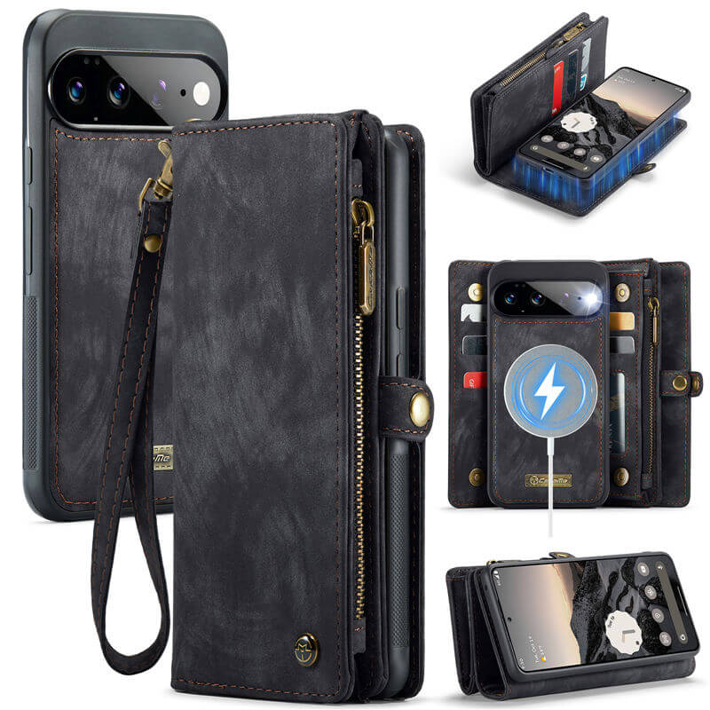 CaseMe Google Pixel 11 Pro XL 2-in-1 Magnetic RFID Wallet Case with Wrist Strap Black