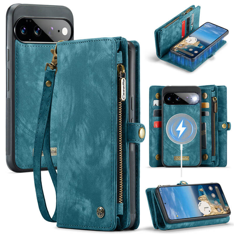 CaseMe Google Pixel 11 Pro XL 2-in-1 Magnetic RFID Wallet Case with Wrist Strap Blue