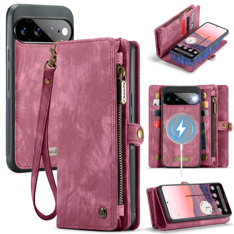 CaseMe Google Pixel 11 Pro XL 2-in-1 Magnetic RFID Wallet Case with Wrist Strap Red