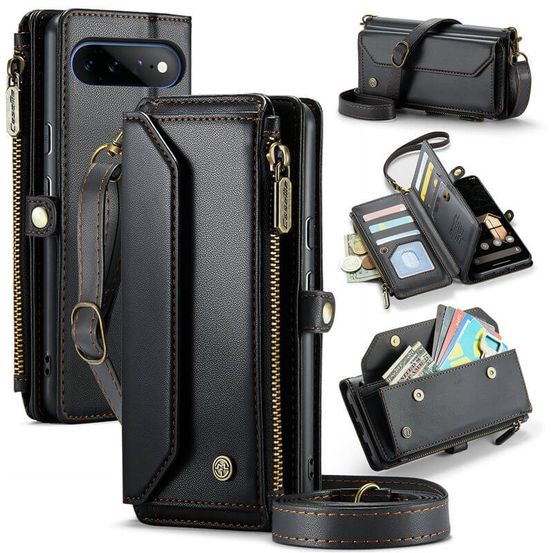 CaseMe Google Pixel 11 Pro XL RFID Wallet Case with Crossbody Strap, Zipper Pocket & Wireless Charging Black