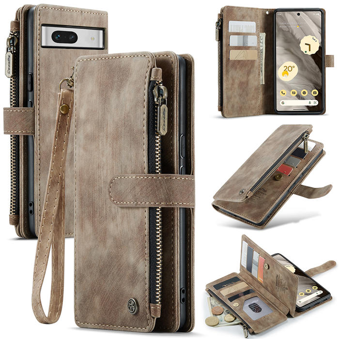 CaseMe Google Pixel 7A Zipper Wallet Case with Wrist Strap Coffee