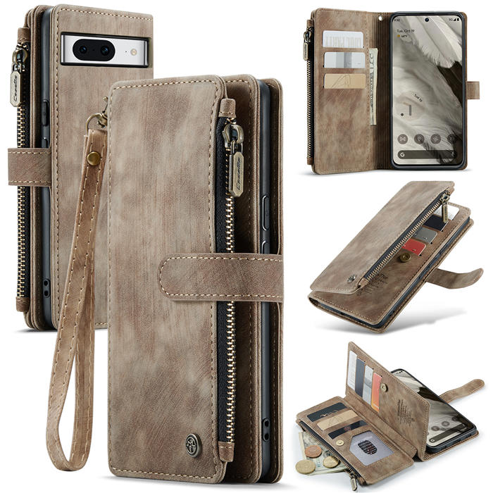 CaseMe Google Pixel 8 Zipper Wallet Case with Wrist Strap Coffee