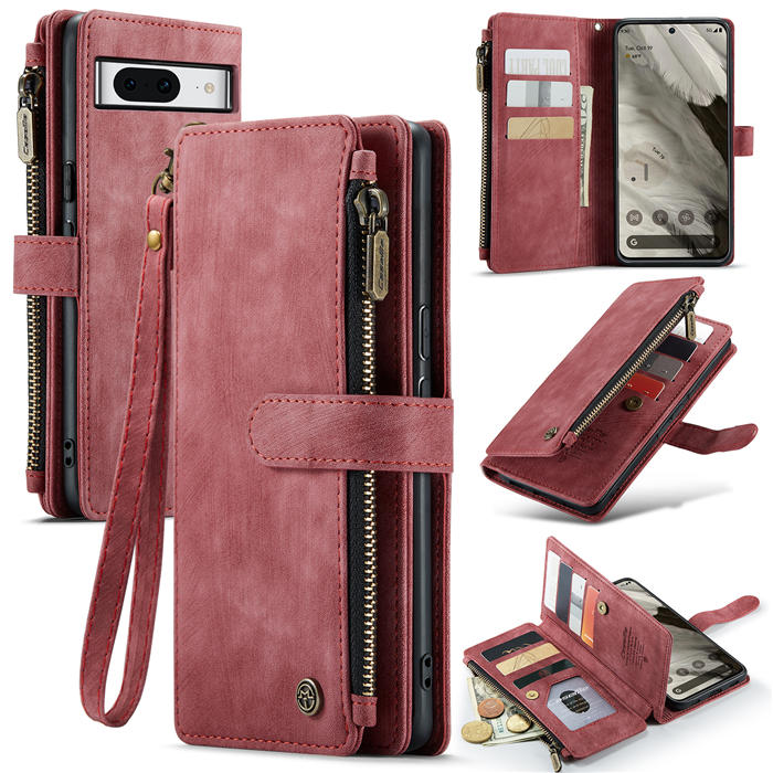 CaseMe Google Pixel 8 Zipper Wallet Case with Wrist Strap Red - Click Image to Close
