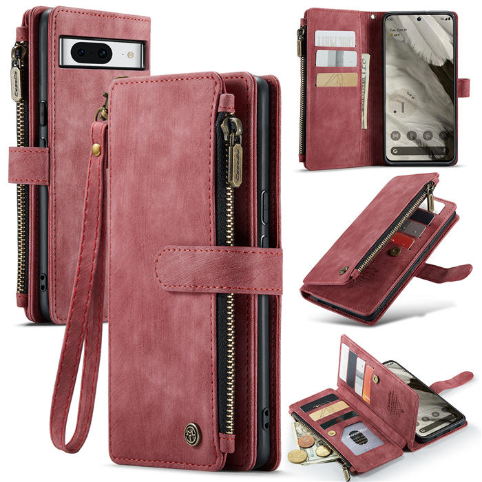 CaseMe Google Pixel 8 Zipper Wallet Case with Wrist Strap Red