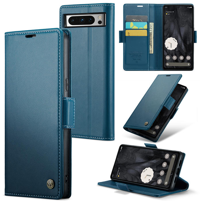 CaseMe Google Pixel 8 Pro Wallet RFID Blocking Magnetic Buckle Case Blue - Click Image to Close