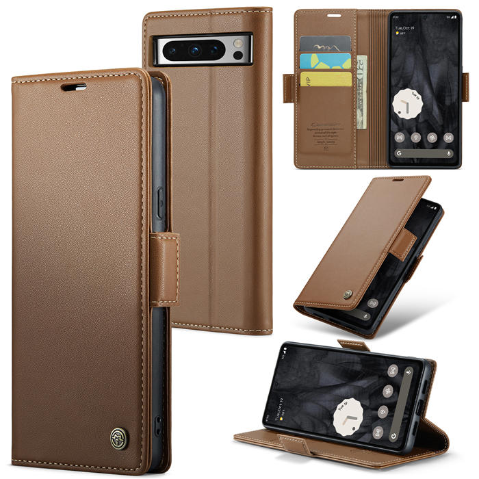 CaseMe Google Pixel 8 Pro Wallet RFID Blocking Magnetic Buckle Case Brown