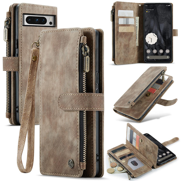 CaseMe Google Pixel 8 Pro Zipper Wallet Case with Wrist Strap Coffee - Click Image to Close