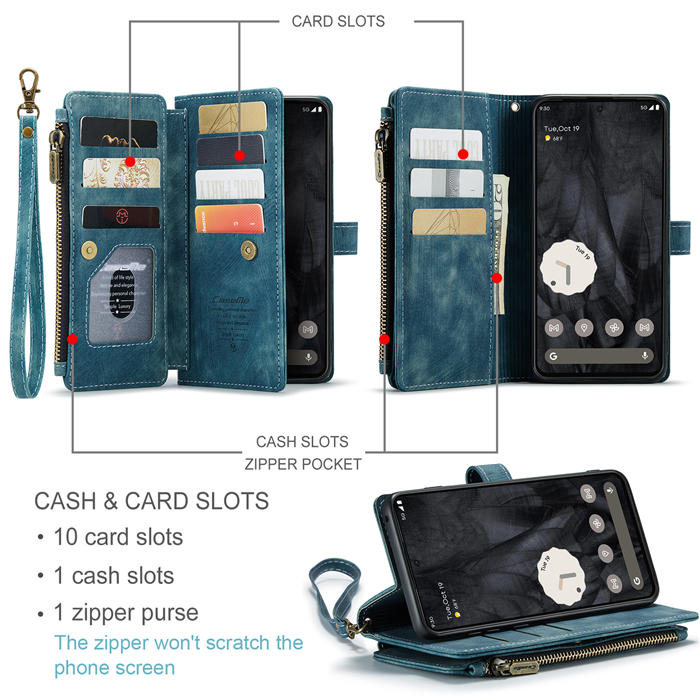 CaseMe Google Pixel 8 Pro Wallet kickstand Magnetic Leather Case with Wrist Strap