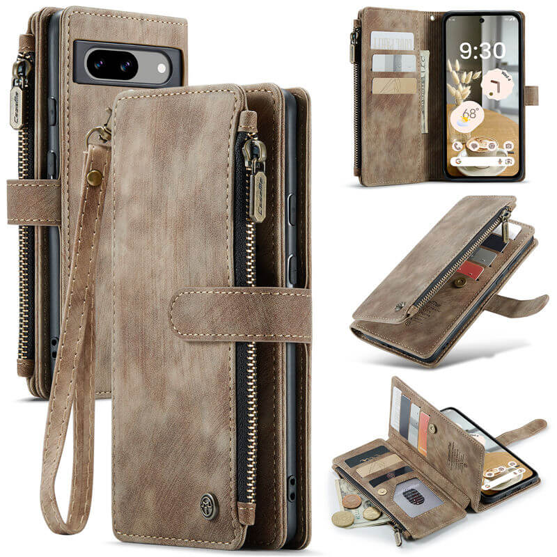 CaseMe Google Pixel 8A Zipper Wallet Case with Wrist Strap Coffee