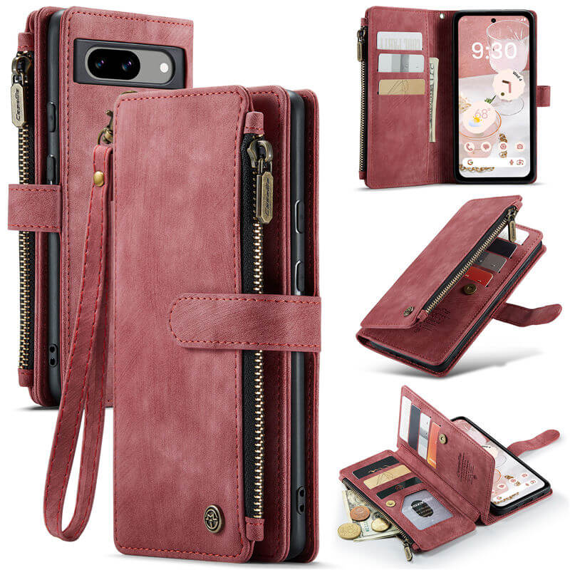 CaseMe Google Pixel 8A Zipper Wallet Case with Wrist Strap Red