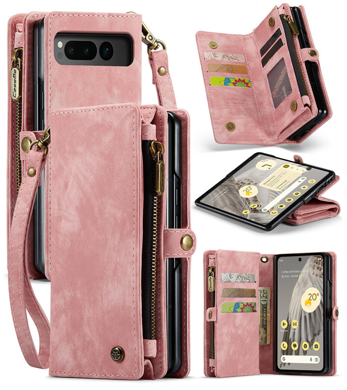 CaseMe Google Pixel Fold Wallet Magnetic Case with Wrist Strap Pink